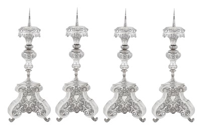 Lot 296 - A set of four mid-18th century German silver altar candlesticks (altarleuchter), Augsburg 1745-47 by Franz Christoph Mederle (master 1729, d. 1765)