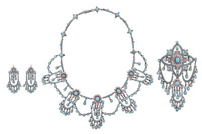 Lot 4 - A TURQUOISE AND SEED PEARL SILVER NECKLACE, BROOCH AND EARRING SUITE, EARLY 20TH CENTURY