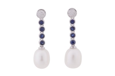 Lot 15 - A PAIR OF PEARL AND SAPPHIRE EARRINGS