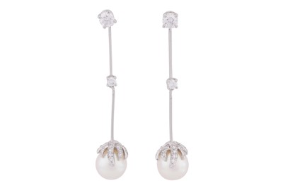 Lot 96 - TIFFANY | A PAIR OF PEARL AND DIAMOND EARRINGS