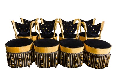 Lot 237 - A MATCHED SET OF EIGHT FRENCH GILTWOOD AND EBONISED SALON CHAIRS