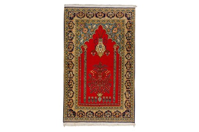 Lot 16 - A FINE PART SILK QUM PRAYER RUG, CENTRAL PERSIA