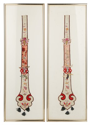 Lot 910 - TWO CHINESE EMBROIDERED SILK RIBBONS IN A FRAME