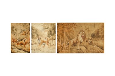 Lot 72 - THREE JAPANESE EMBROIDERED 'BEAST' PANELS