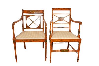 Lot 193 - TWO SHERATON REVIVAL ELBOW CHAIRS, CIRCA 1900