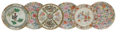 Lot 370 - THREE CHINESE FAMILLE-ROSE 'MILLEFLEUR' DISHES AND THREE CANTON DISHES