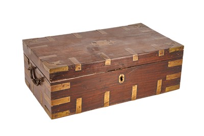 Lot 258 - AN EARLY TO MID 19TH CENTURY ANGLO-INDIAN BRASS BOUND TEAK CHEST OF CAMPAIGN FORM