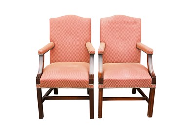Lot 192 - A PAIR OF GAINSBOROUGH STYLE ARMCHAIRS WITH FABRIC UPHOLSTERY