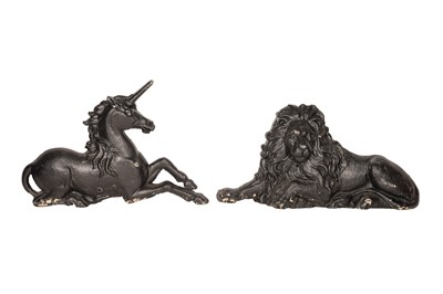 Lot 228 - A PAIR OF VICTORIAN CAST IRON HERALDIC FIGURES IN THE FORM OF A LION AND A UNICORN