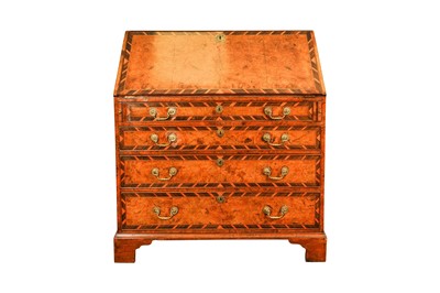 Lot 167 - A GEORGE II FIGURED WALNUT AND INLAID FALL FRONT BUREAU, MID 18TH CENTURY