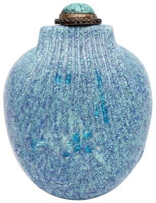 Lot 975 - A CHINESE ROBIN'S EGG GLAZED PURSE-MOULDED SNUFF BOTTLE