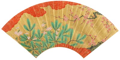 Lot 484 - A MOUNTED JAPANESE FOLDING FAN