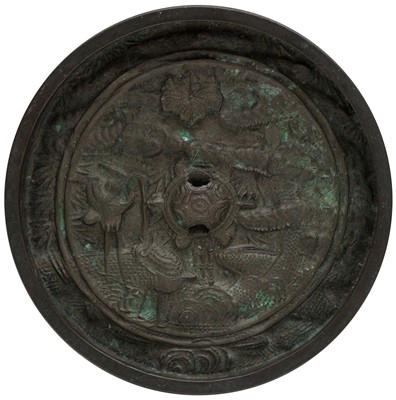 Lot 457 - A JAPANESE BRONZE 'TURTLE AND CRANES' MIRROR