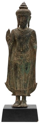 Lot 447 - A KHMER BRONZE FIGURE OF STANDING BUDDHA