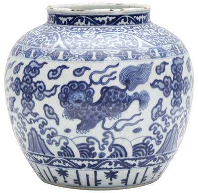 Lot 47 - A CHINESE BLUE AND WHITE 'MYTHICAL BEASTS' JAR