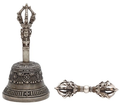 Lot 660 - A TIBETAN SILVERED BRONZE DRIL-BU (BELL) AND A DORJE (VAJRA)