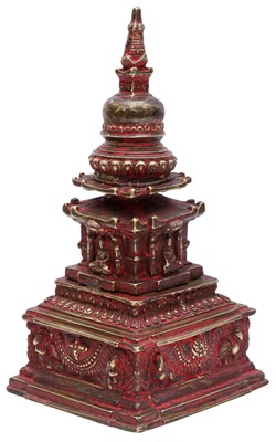Lot 157 - A TIBETAN BRONZE MODEL OF A STUPA