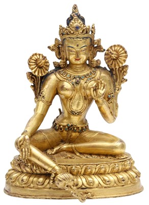 Lot 159 - A SINO-TIBETAN GILT-BRONZE FIGURE OF GREEN TARA