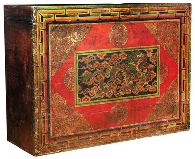 Lot 853 - A VERY LARGE TIBETAN PAINTED WOOD 'DRAGON' CHEST
