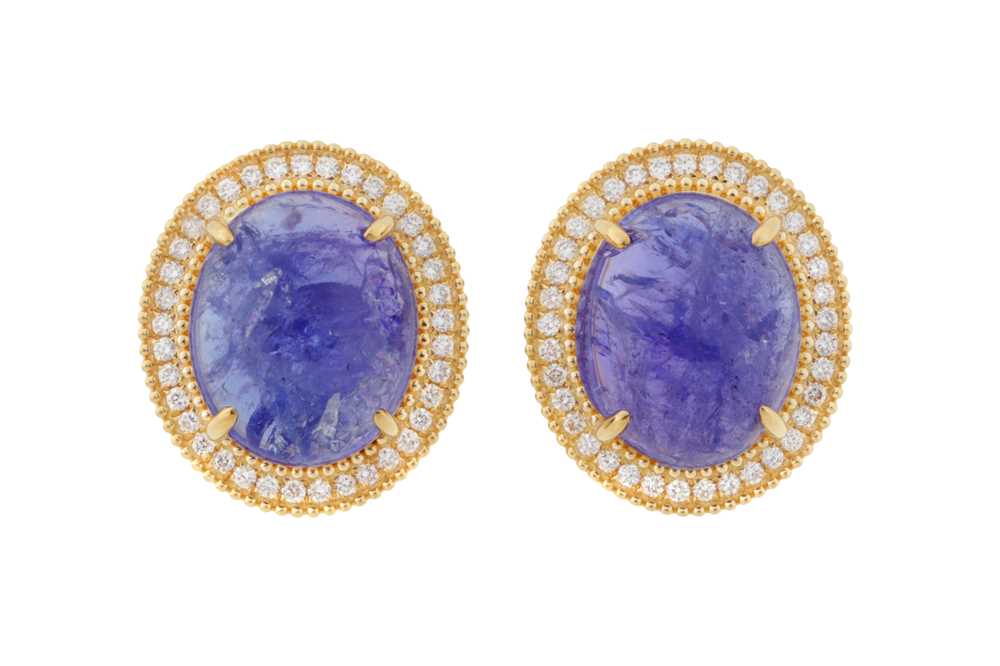 Lot 221 - A PAIR OF TANZANITE AND DIAMOND EARRINGS