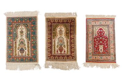 Lot 53 - A LOT OF THREE EXTREMELY FINE SILK HEREKE PRAYER RUGS RUGS, TURKEY