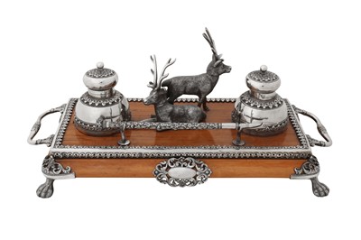 Lot 151 - A late 19th century Anglo – Indian silver mounted rosewood inkstand or standish, Cutch, Bhuj circa 1890