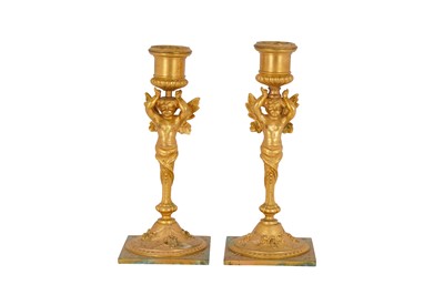 Lot 257 - A PAIR OF GILT BRONZE AND METAL FIGURAL CANDLESTICKS, 19TH CENTURY