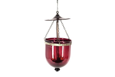Lot 209 - A VICTORIAN CRANBERRY GLASS HUNDI LANTERN MANUFACTURED BY S&C BISHOP ENGLAND, LATE 19TH CENTURY
