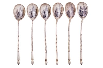 Lot 248 - A set of six Nicholas II Russian 84 zolotnik silver and niello teaspoons, Moscow 1890 by Victor Akimov