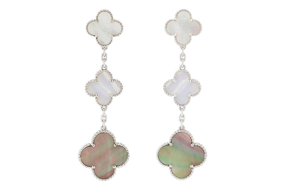 236 - VAN CLEEF & ARPELS Ι A PAIR OF MOTHER-OF-PEARL AND CHALCEDONY 'MAGIC ALHAMBRA' PENDENT EARRINGS