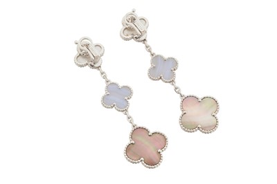 Lot 236 - VAN CLEEF & ARPELS Ι A PAIR OF MOTHER-OF-PEARL AND CHALCEDONY 'MAGIC ALHAMBRA' PENDENT EARRINGS