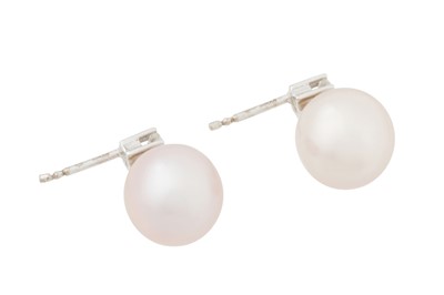 Lot 108 - A PAIR OF PEARL AND DIAMOND STUD EARRINGS, CIRCA 1956