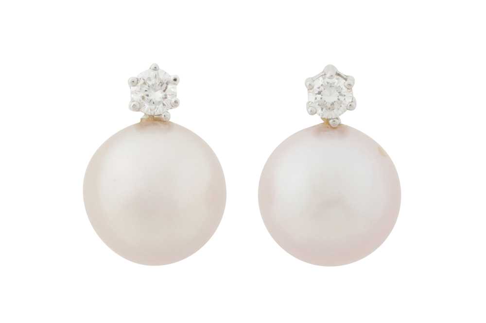 Lot 108 - A PAIR OF PEARL AND DIAMOND STUD EARRINGS, CIRCA 1956