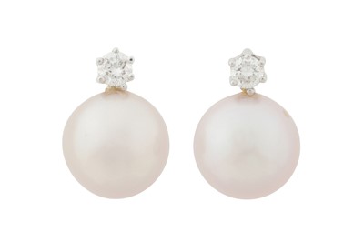 Lot 108 - A PAIR OF PEARL AND DIAMOND STUD EARRINGS, CIRCA 1956