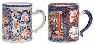 Lot 328 - TWO CHINESE EXPORT FAMILLE-ROSE 'MANDARIN PALETTE' MUGS