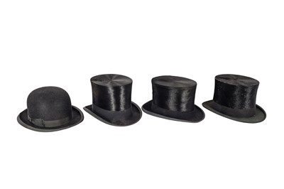 Lot 270 - A GROUP OF THREE TOP HATS TOGETHER WITH A BOWLER HAT