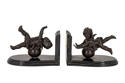 Lot 219 - A PAIR OF BRONZE AND MARBLE BOOKENDS, SIGNED AUGUSTE MOREAU (FRENCH 1834 - 1917), LATE 19TH/EARLY 20TH CENTURY