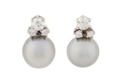 Lot 125 - A PAIR OF CULTURED PEARL AND DIAMOND STUD EARRINGS