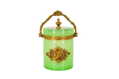 Lot 124 - AMMENDED DESCRIPTION: CENEDESE, MURANO; AN OPALINE GREEN GLASS BISCUIT BARREL, MID 20TH CENTURY