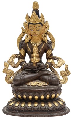 Lot 160 - A SINO-TIBETAN PARCEL-GILT BRONZE FIGURE OF AMITAYUS