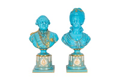 Lot 205 - A PAIR OF BLEU CELESTE SEVRES STYLE PORCELAIN BUSTS OF MARIE ANTONETTE AND LOUIS XVI