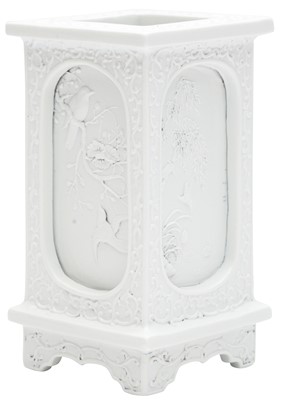 Lot 772 - A CHINESE WHITE-GLAZED 'BIRDS AND FLOWERS' BRUSH POT, BITONG