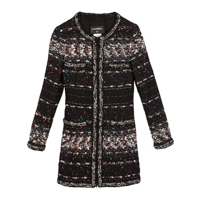 Lot 229 - Chanel Black Boucle CC Collarless Coat - Size 42