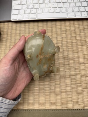 Lot 75 - A CHINESE CARVED CELADON JADE 'MYTHICAL BEAST' CENSER