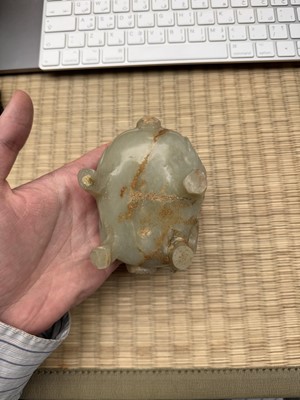 Lot 75 - A CHINESE CARVED CELADON JADE 'MYTHICAL BEAST' CENSER
