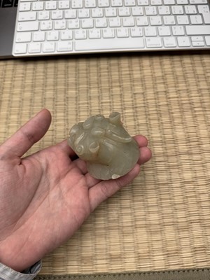 Lot 75 - A CHINESE CARVED CELADON JADE 'MYTHICAL BEAST' CENSER