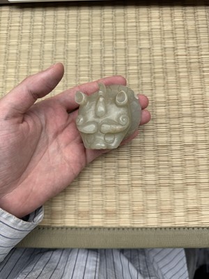 Lot 75 - A CHINESE CARVED CELADON JADE 'MYTHICAL BEAST' CENSER