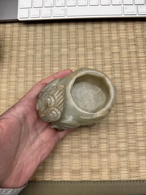 Lot 75 - A CHINESE CARVED CELADON JADE 'MYTHICAL BEAST' CENSER