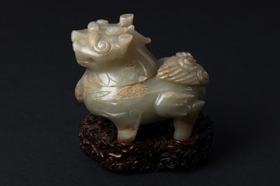 Lot 75 - A CHINESE CARVED CELADON JADE 'MYTHICAL BEAST' CENSER