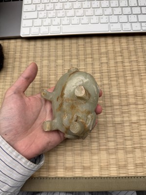 Lot 75 - A CHINESE CARVED CELADON JADE 'MYTHICAL BEAST' CENSER
